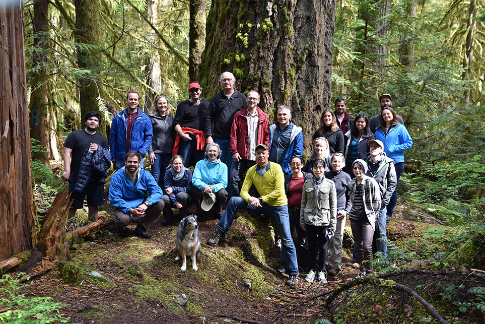 Large group of researchers doing fieldwork